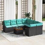 vidaXL Ensemble de canapé de jardin avec coussin 9 Pièces Noir Poly rotin