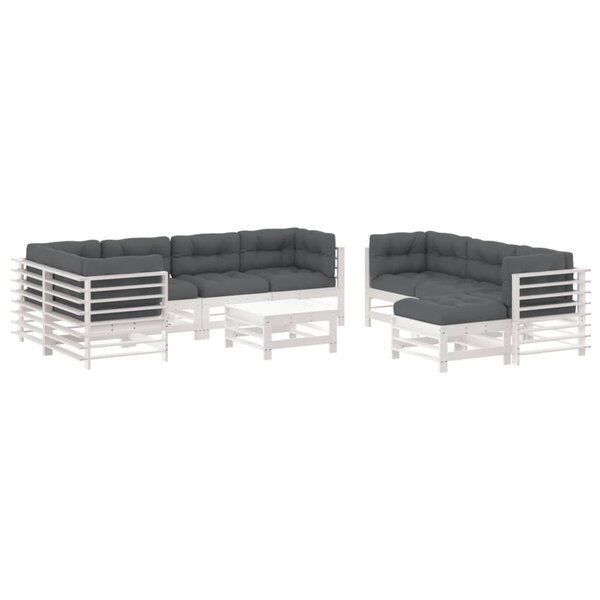 vidaXL Salon de jardin 10 Pièces avec coussins blanc bois massif