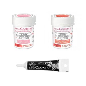 2 colorants alimentaires rose poudré-corail + Stylo glaçage noir