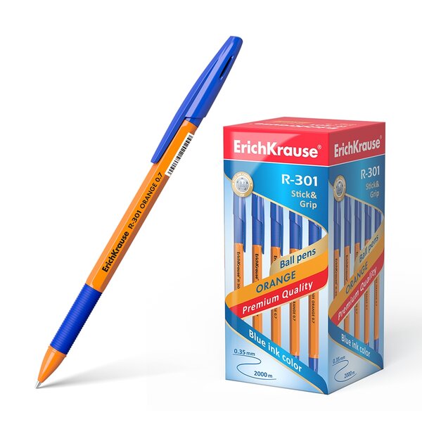 LOT de 50 Stylo à bille Erichkrause R-301 Stick&Grip - Corps hexagonal orange - Pointe 0 7 mm - Encre à séchage rapide - Couleur bleue