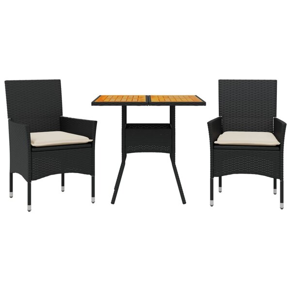 vidaXL Ensemble à manger de jardin et coussins 3 Pièces noir rotin acacia