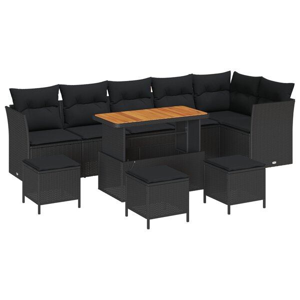 vidaXL Canapé de jardin 10 pièces avec coussins en poly rotin noir et acacia