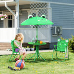 Ensemble salon de jardin enfant 4 Pièces design grenouille - table ronde + 2 chaises pliables + parasol - métal époxy oxford vert