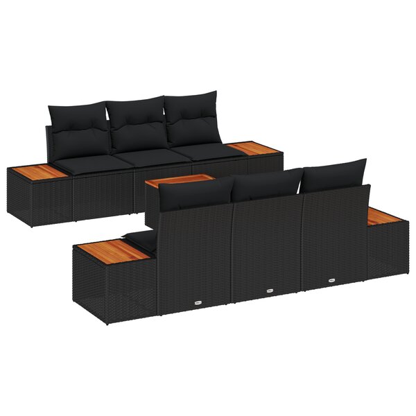 vidaXL Ensemble de canapé de jardin 7 pièces avec des coussins en poly rotin noir et acacia