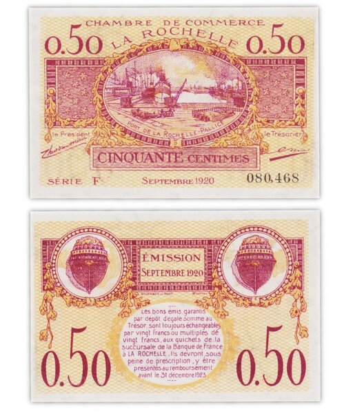 Billet de Collection 50 centimes 1920 La Rochelle / France - Neuf - billet de nécessité - port de la pallice