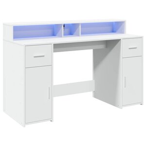 Bureau table poste de travail meuble d'ordinateur informatique étude avec lumières LED 140 x 55 x 91 cm bois d'ingénierie blanc 02_0023406