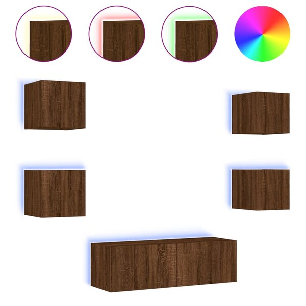 vidaXL Meuble TV muraux 5 Pièces avec lumières LED chêne marron