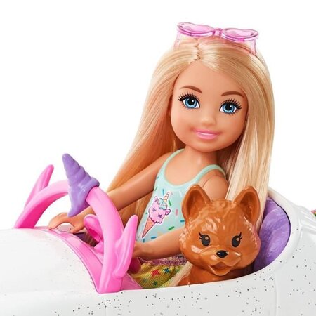 Barbie - chelsea et sa décapotable licorne et arc-en-ciel avec