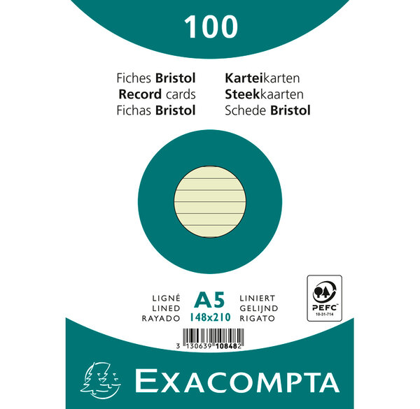 Paquet 100 fiches A5 S/Film Vert ligné EXACOMPTA