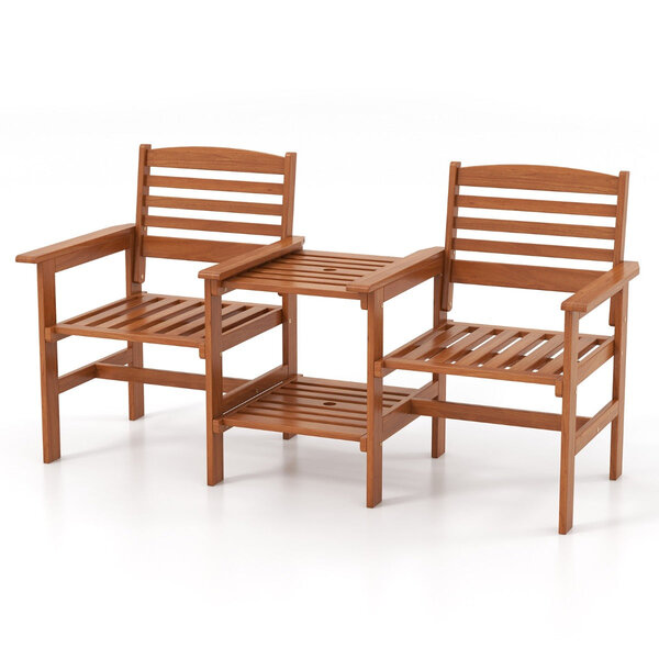Ensemble de meubles de patio 2 places en bois causeuse d'extérieur avec table basse et trou pour parasol ensemble de conversation 20_0008484