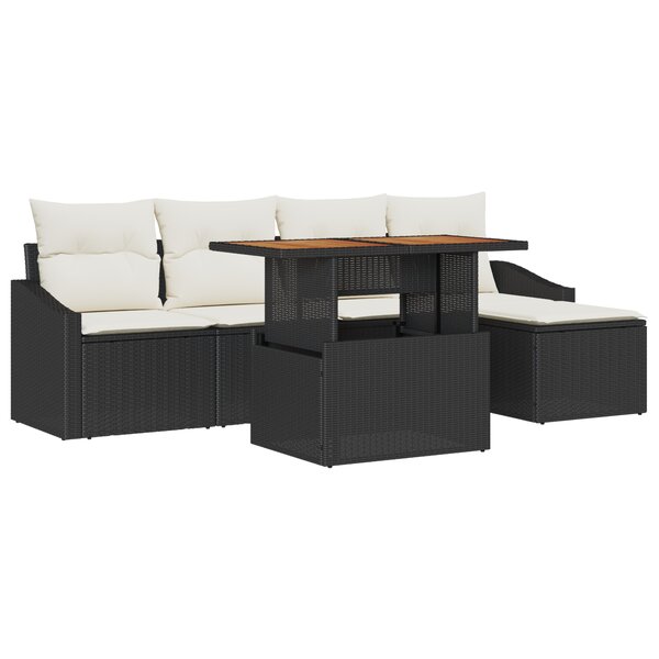 vidaXL Set de jardin de 6 pièces avec des coussins en polyrotin noir et en acacia