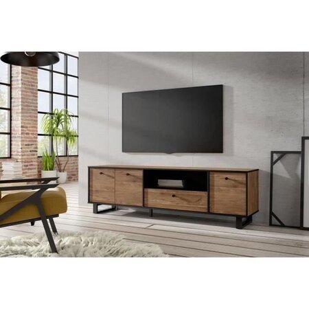 Meuble TV 3 portes 1 tiroir - Décor chene et noir - L 180,8 x P 42 x H 52,8 cm - SEWILL