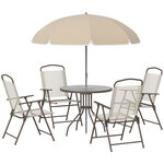 Ensemble salon de jardin 6 Pièces - table ronde + 4 chaises pliables + parasol - acier époxy café textilène polyester beige