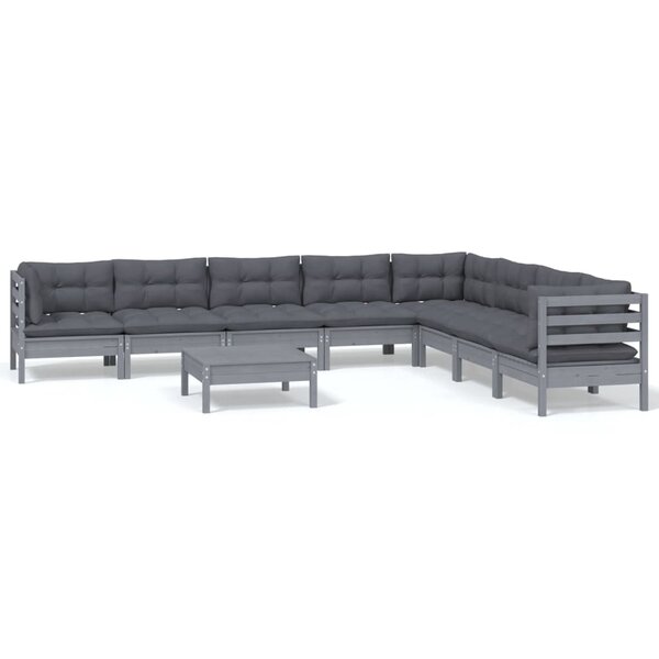 vidaXL Salon de jardin 9 Pièces avec coussins Gris Bois de pin solide
