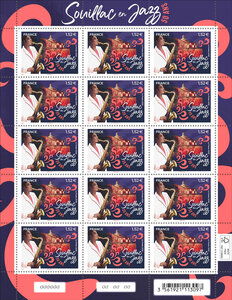 Feuille de 15 timbres - 50 ans de Souillac en Jazz - Lettre Verte