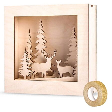 Kit cadre bois forêt de Noël 20 x 20 cm + masking tape doré à paillettes 5 m