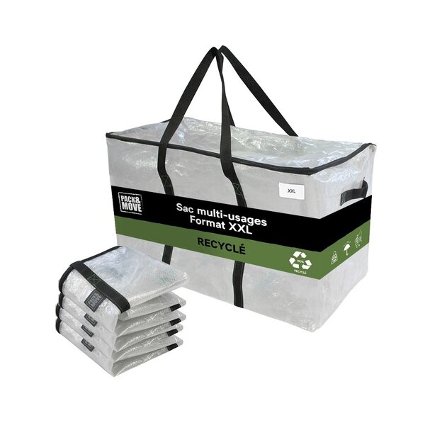 Pack and Move - Lot 4 Grands Sacs Déménagement Transparent Recyclés - Rangement Et Transport Ultra Résistant - Réutilisable - Poignées Solides - 100L