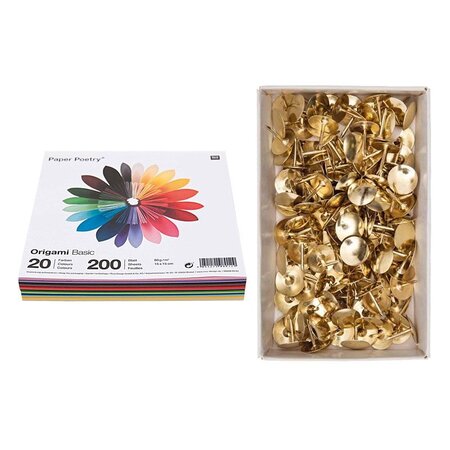 200 feuilles origami Basic 15 x 15 cm + 150 punaises dorées