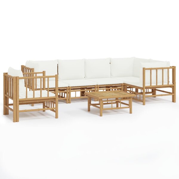 vidaXL Salon de jardin 7 Pièces avec coussins blanc crème bambou