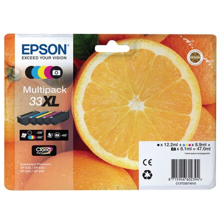 33xl oranges" cartouche d'encre originale grande capacité claria premium pack 5 couleurs (c13t33574011) - noir  noir photo  cyan  magenta  jaune (paquet 5 unités)"