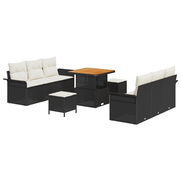 vidaXL Set de canapé de jardin 9 pièces avec des coussins en poly rotin noir et en acacia.