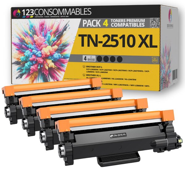 123CONSOMMABLES - TN2510 XL - Pack 4 Toners compatible avec Brother TN-2510 XL pour Brother MFC-L2800DW HL-L2400DWE DCP-L2627DWE MFC-L2827DW HL-L2445DW MFC-L2860DW