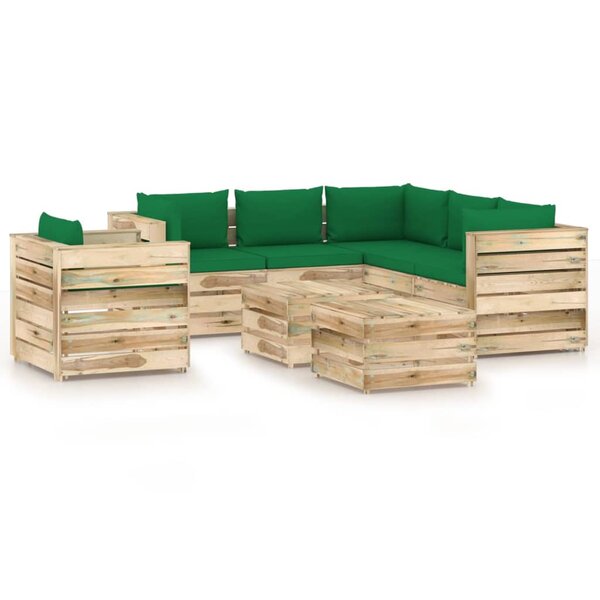 vidaXL Salon de jardin 8 Pièces avec coussins Bois imprégné de vert
