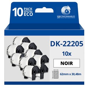 Pack de 10 Rouleaux Étiquettes compatible avec BROTHER DK-22205 - Largeur 62 mm x 30 48 mètres - Texte noir sur fond blanc