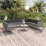 vidaXL Salon de jardin 11 Pièces avec coussins Résine tressée Gris