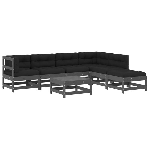 vidaXL Salon de jardin 7 Pièces avec coussins gris bois massif