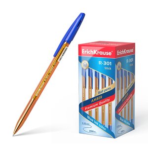 LOT de 50 Stylo à bille Erichkrause R-301 Amber Stick 0.7 - Corps hexagonal translucide - Pointe de 0 7 mm - Encre à séchage rapide - Couleur bleue