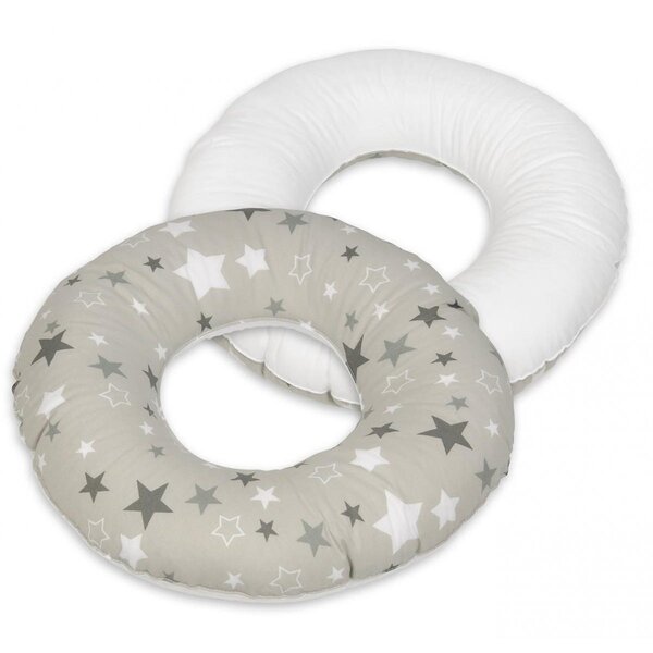 Coussin rond post natal Etoiles girses et blanches sur fond gris   blanc
