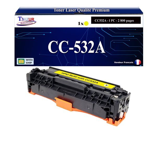T3AZUR - Toner compatible avec CC532A pour HP Color LaserJet CP2000 CP2020 CP2024 CP2024DN CP2024N CP2025 CP2025DN CP2025N CP2025X - Jaune