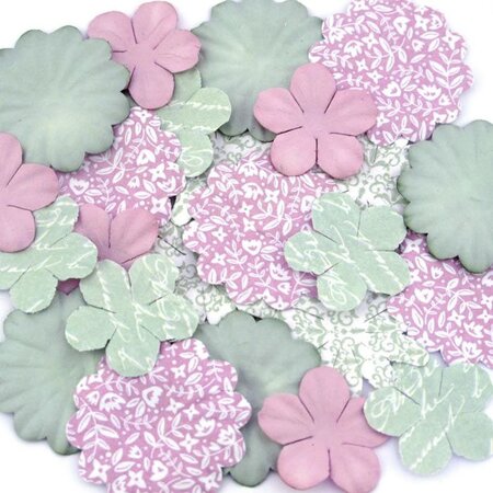 25 fleurs imprimées à motifs Shabby Love - rose et vert