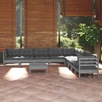 vidaXL Salon de jardin 10 Pièces avec coussins Gris Bois de pin solide