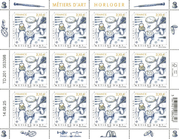 Feuille de 12 timbres - Métiers d'art - Horloger - Lettre Internationale