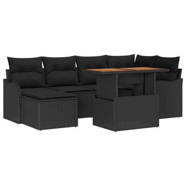 Ensemble de Canapés de Jardin 7 Pièces avec Coussins Noir Rattan Poly