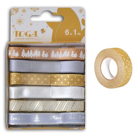 6 rubans Noël or-argent + masking tape doré à paillettes 5 m