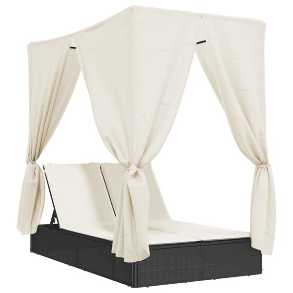 vidaXL Chaise longue double avec toit et rideaux noir résine tressée