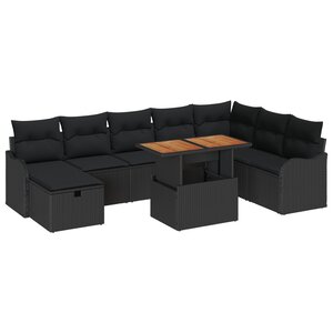 vidaXL Ensemble salon de jardin 9 pièces avec coussins  en poly rattan noir.