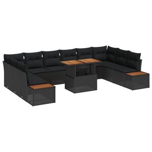vidaXL Ensemble de canapé de jardin 11 pièces avec des coussins en poly rotin noir.