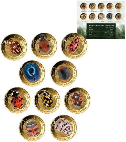 Monnaie LADYBIRDS Wonder World Set 10 Or 3000 Francs Chad (PRÉCOMMANDE)