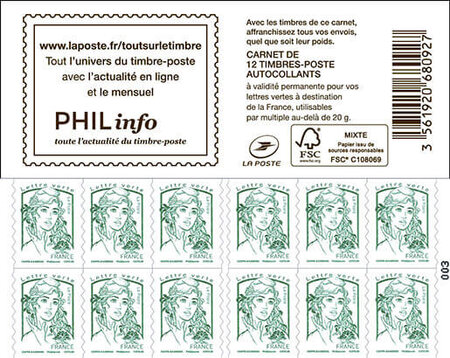 Carnet de 12 timbres Marianne - Vert - Couverture Phil'Info