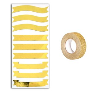 Stickers bannières dorées + masking tape doré à paillettes 5 m