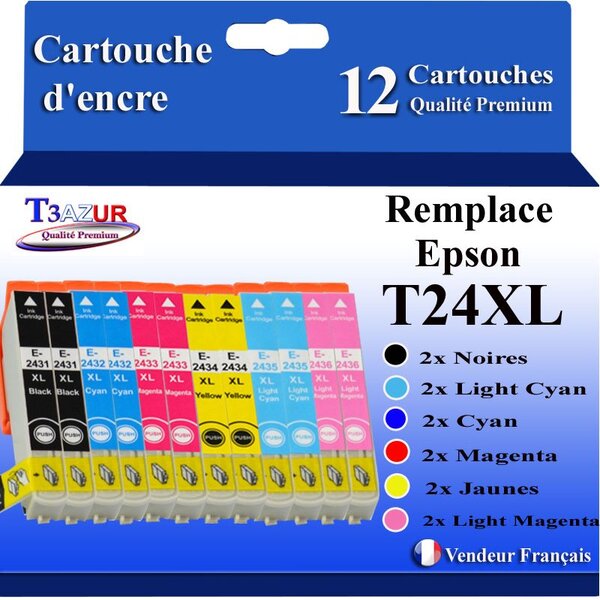 T3AZUR- 12x Cartouches Compatibles avec Epson 24XL 24 XL remplace Epson Expression Photo XP-850 XP-750 XP-950 XP-55 XP-860 XP-760 XP-960 XP-970