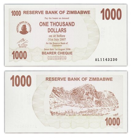 Billet de collection 1000 dollars 2006 zimbabwe - neuf - p44