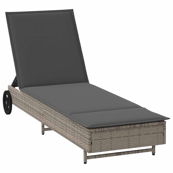 vidaXL Chaise longue avec roues et coussin gris résine tressée