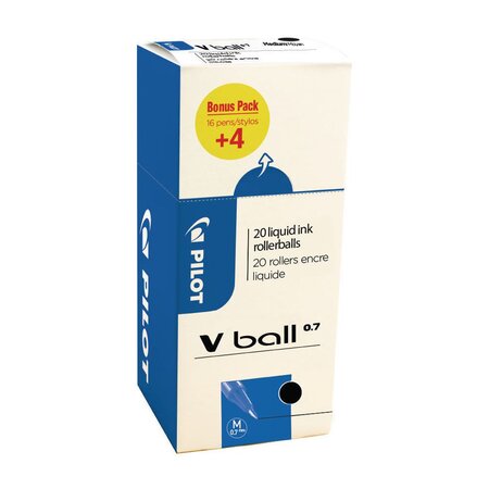 V Ball - Stylo roller encre liquide à capuchon pointe moyenne 0,7 mm - Noir (Pack Promo 16 + 4 OFFERTS)