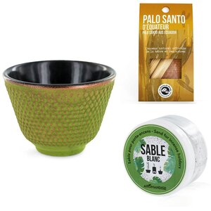 Porte-encens coupelle Vert et Doré + Sable blanc + Bâtonnets Palo Santo