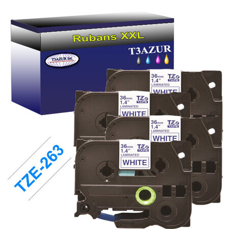 4 x Rubans pour étiquettes laminées générique Brother Tze-263 pour étiqueteuses P-touch - Texte bleu sur fond blanc - T3AZUR